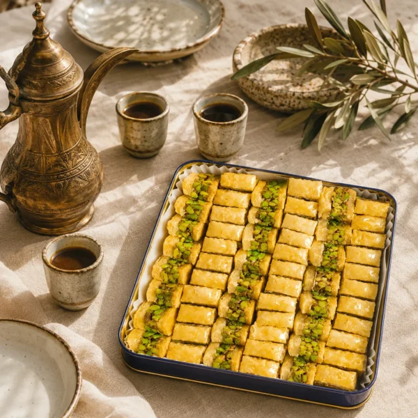 Traditional pistachio baklava fingers served with Arabic coffee, handcrafted ceramics, and a warm Levant hospitality setting in soft natural daylight.