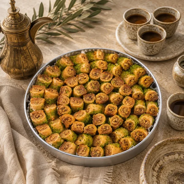 Traditional walnut fingers served with Arabic coffee, handcrafted ceramics, and a warm Levant hospitality setting in soft natural daylight.