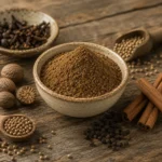 Levantine Seven Spice Blend surrounded by cinnamon sticks, cloves, coriander seeds, nutmeg, and black peppercorns on aged natural wood.