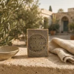 Traditional Aleppo Laurel Soap bar on limestone beside linen and handcrafted ceramics in a peaceful Levantine courtyard