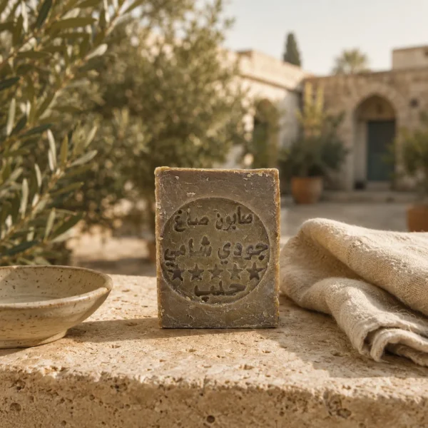 Traditional Aleppo Laurel Soap bar on limestone beside linen and handcrafted ceramics in a peaceful Levantine courtyard