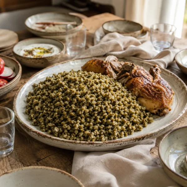 Traditional freekeh served with roasted chicken on a warm Levant-inspired family dining table