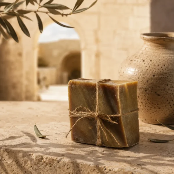 Traditional Oud and Amber Soap handcrafted bar on limestone with ceramic vessel and Levantine architectural details