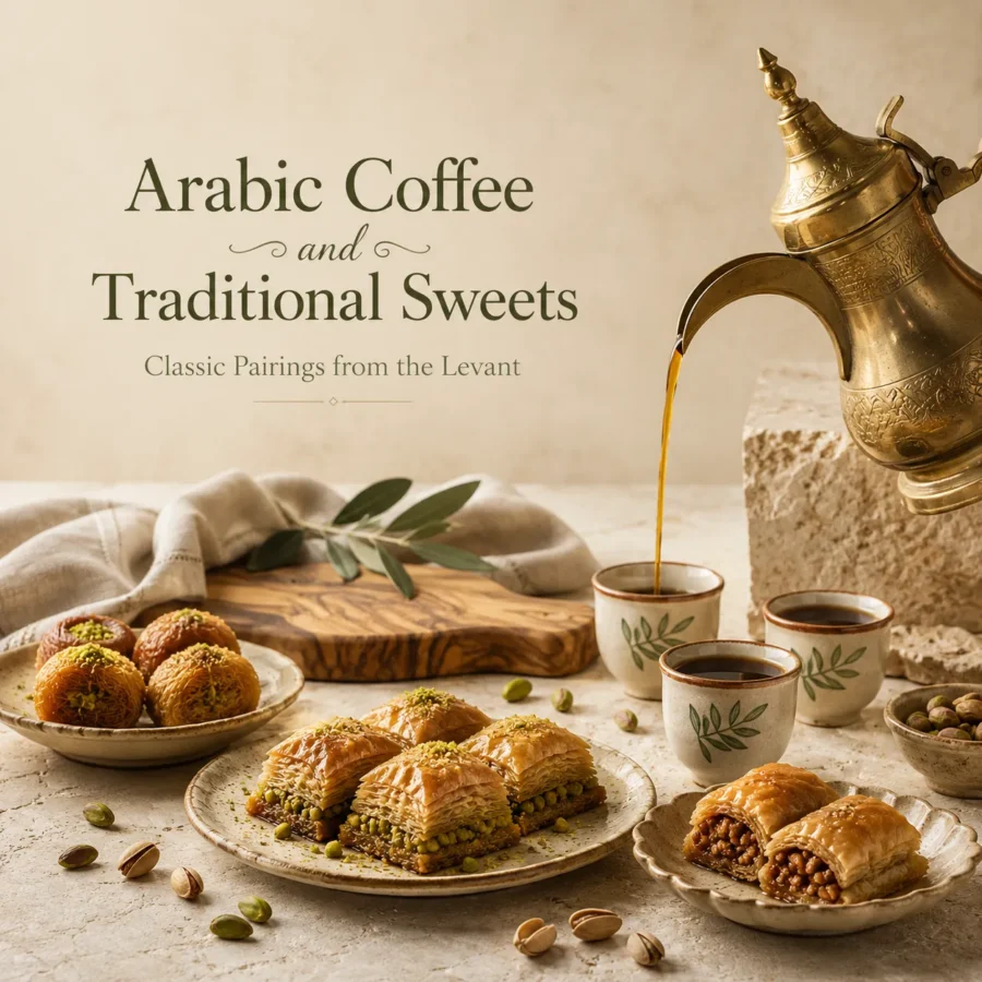 Arabic coffee with traditional Levantine sweets including baklava, ballorieh, and walnut pastries.