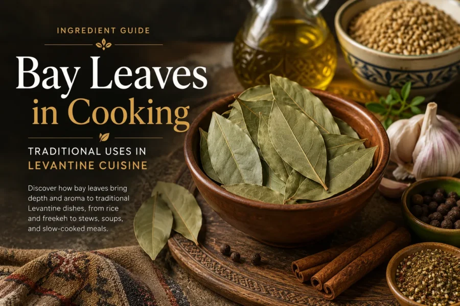 Dried bay leaves in a rustic ceramic bowl with olive oil, garlic, freekeh, cinnamon sticks, and Levantine spices in natural daylight
