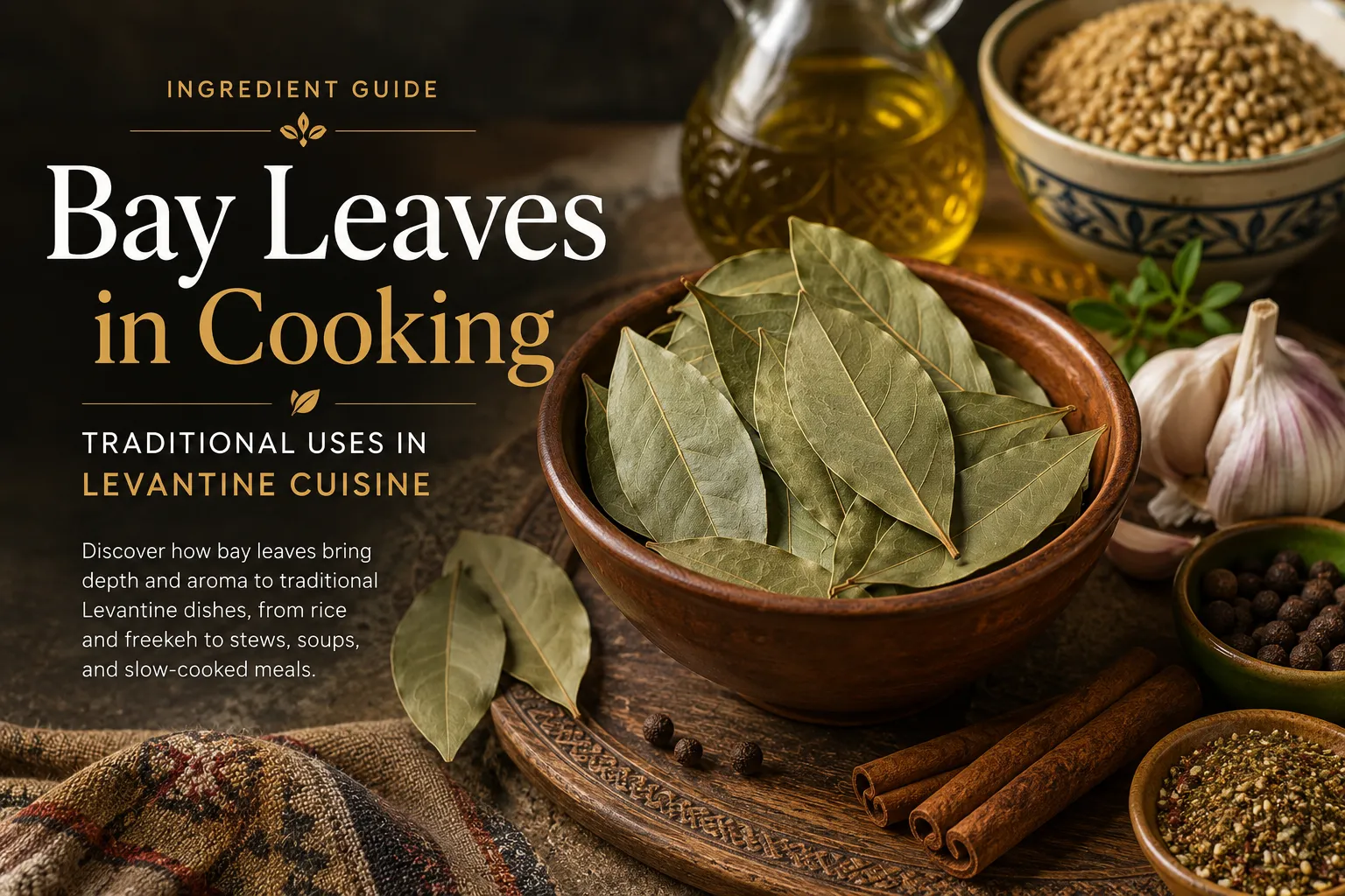 Dried bay leaves in a rustic ceramic bowl with olive oil, garlic, freekeh, cinnamon sticks, and Levantine spices in natural daylight