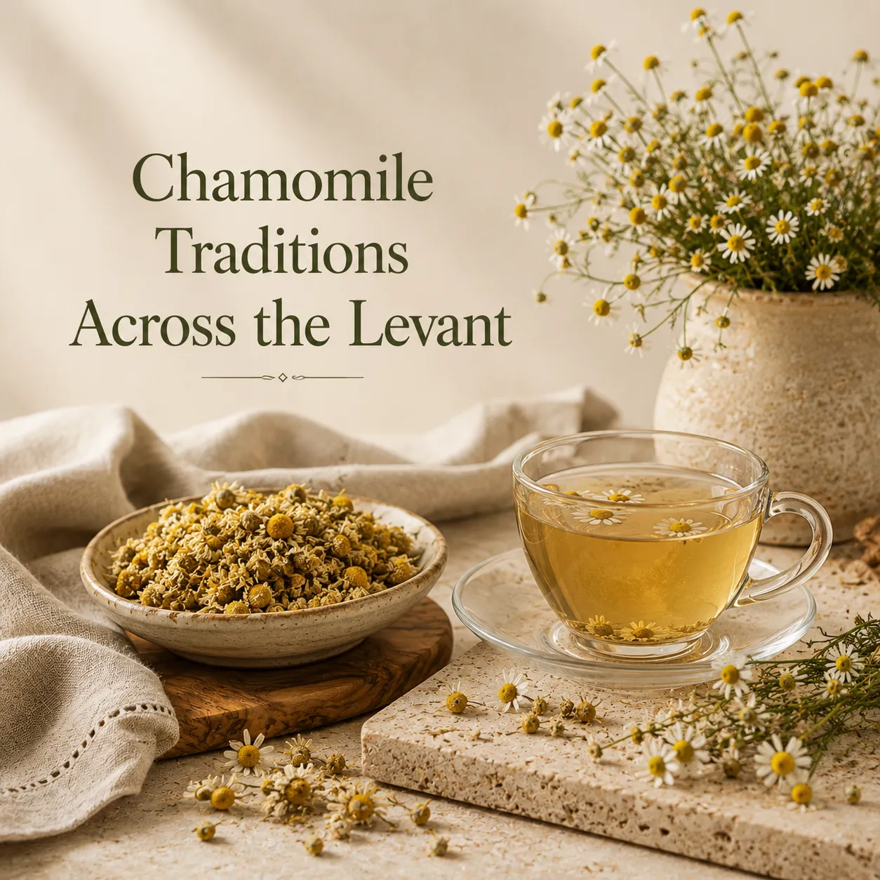 Dried chamomile blossoms in a handcrafted ceramic bowl beside a glass cup of golden chamomile tea, styled with fresh chamomile flowers, natural linen, olive wood details, and warm limestone textures in a refined Levantine setting.