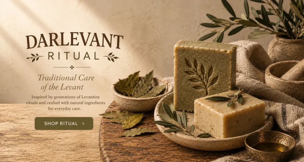 DARLEVANT Ritual collection banner featuring traditional Levantine olive oil soaps, natural care essentials, olive branches, and handcrafted ceramic elements