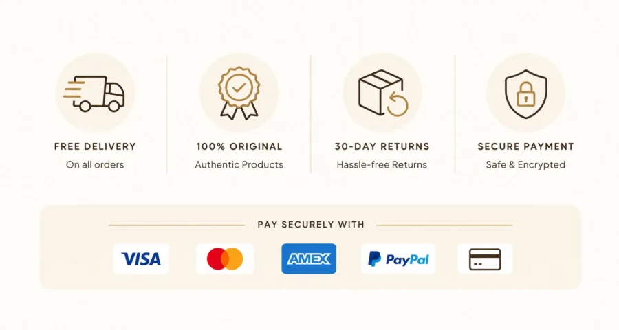 DARLEVANT product trust badges featuring free delivery, authentic products, 30-day returns, and secure payment options including PayPal and major credit cards
