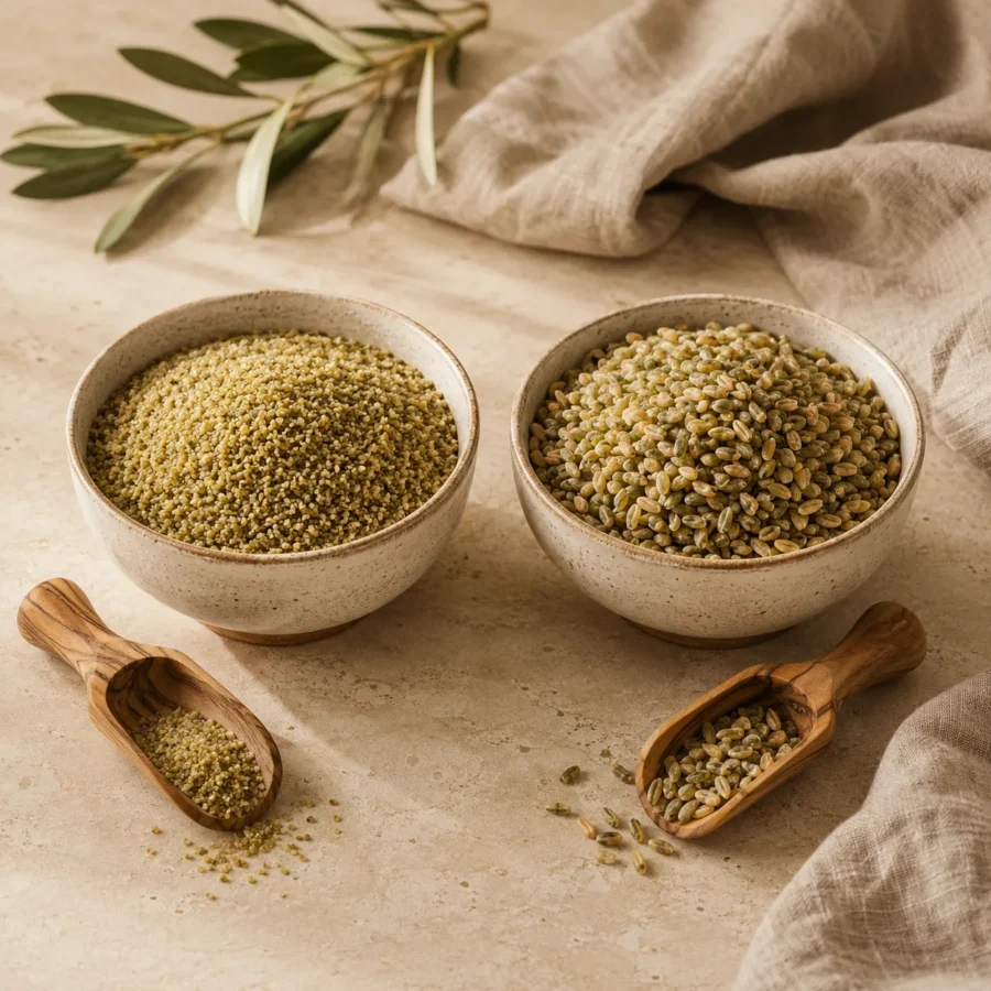 Side-by-side comparison of authentic fine freekeh and coarse freekeh in handcrafted ceramic bowls on a warm limestone surface with olive wood scoops, highlighting the natural difference in grain size.