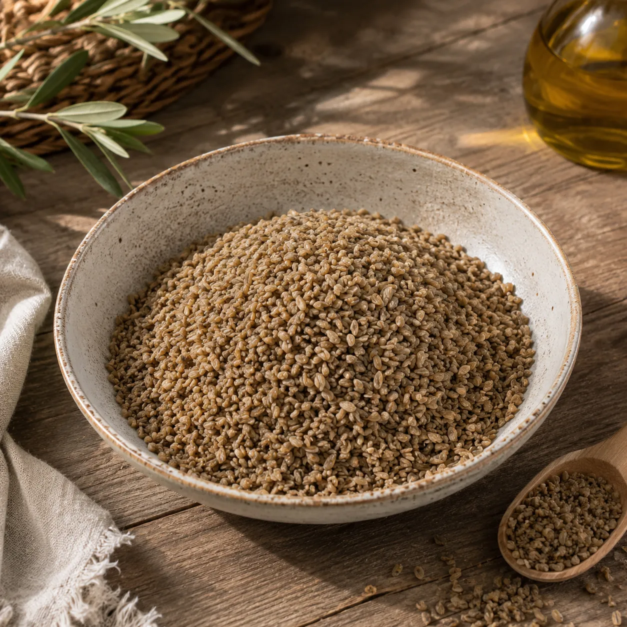 Traditional freekeh grain in a ceramic bowl with olive oil and natural Levantine pantry elements
