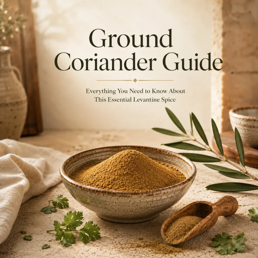 Featured editorial image for the Ground Coriander Guide showing ultra-fine freshly ground coriander in a handcrafted ceramic bowl with an olive wood scoop, fresh coriander leaves, natural linen, and a subtle olive branch in a warm Levantine kitchen setting.