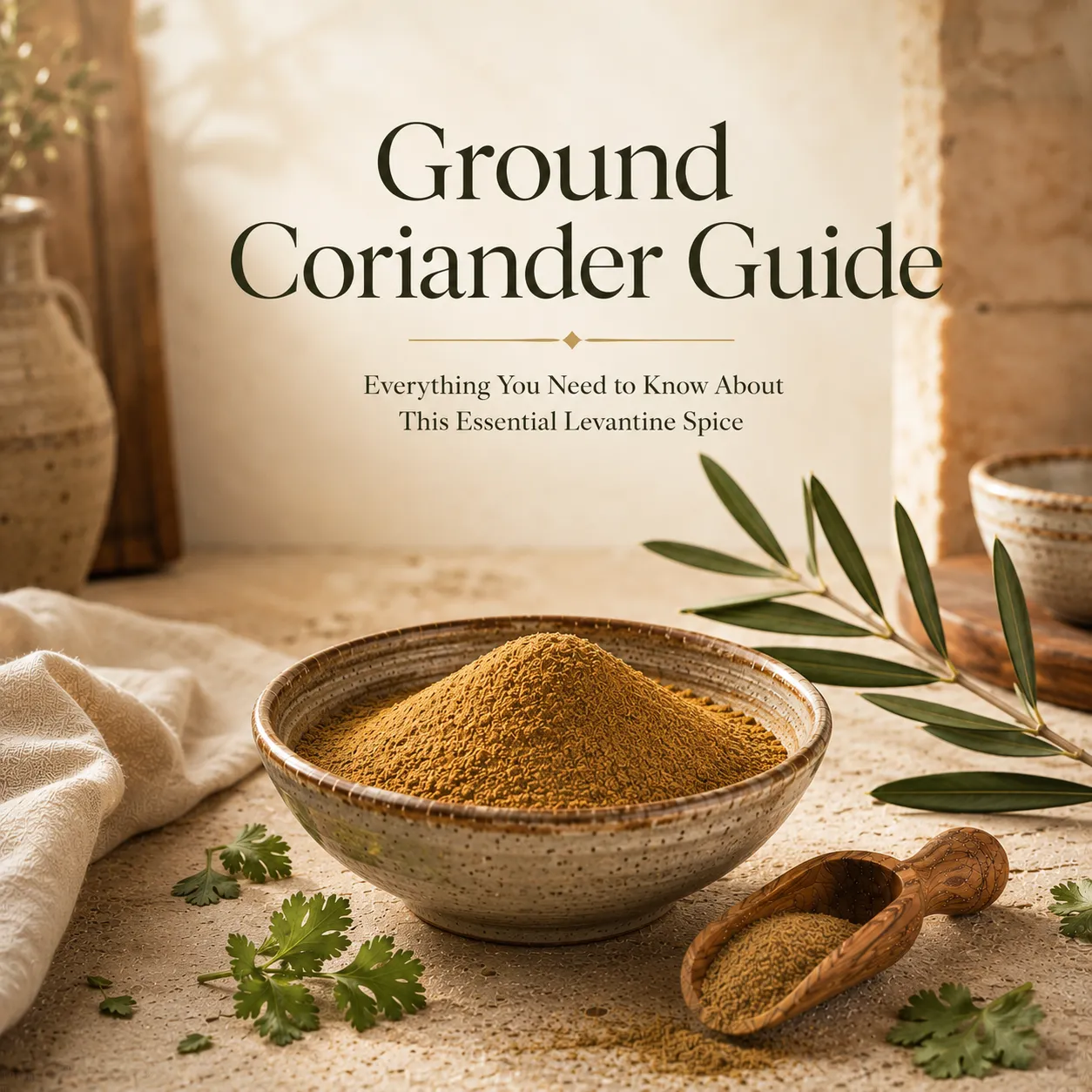 Featured editorial image for the Ground Coriander Guide showing ultra-fine freshly ground coriander in a handcrafted ceramic bowl with an olive wood scoop, fresh coriander leaves, natural linen, and a subtle olive branch in a warm Levantine kitchen setting.