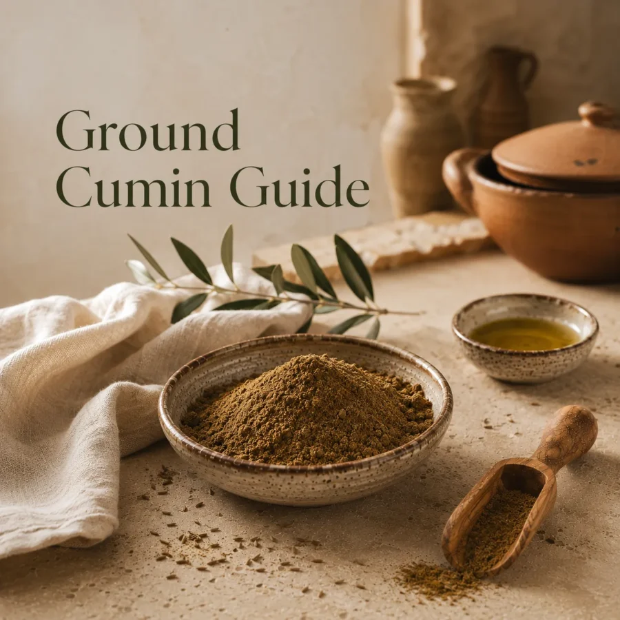 Editorial cover image for the Ground Cumin Guide featuring freshly ground cumin in a handcrafted ceramic bowl with authentic Levantine styling, warm natural lighting, and timeless culinary heritage.