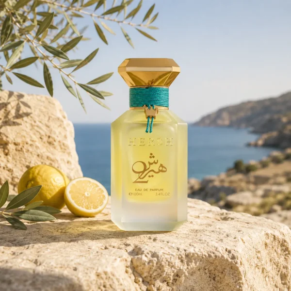 Hersh 2 by Al Ezz Oud Eau de Parfum showcased on coastal limestone with citrus accents and Mediterranean sea views