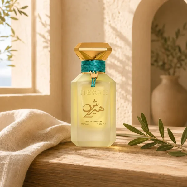 Hersh 2 by Al Ezz Oud Eau de Parfum presented in a warm Levant-inspired interior with natural wood, linen, and soft sunlight