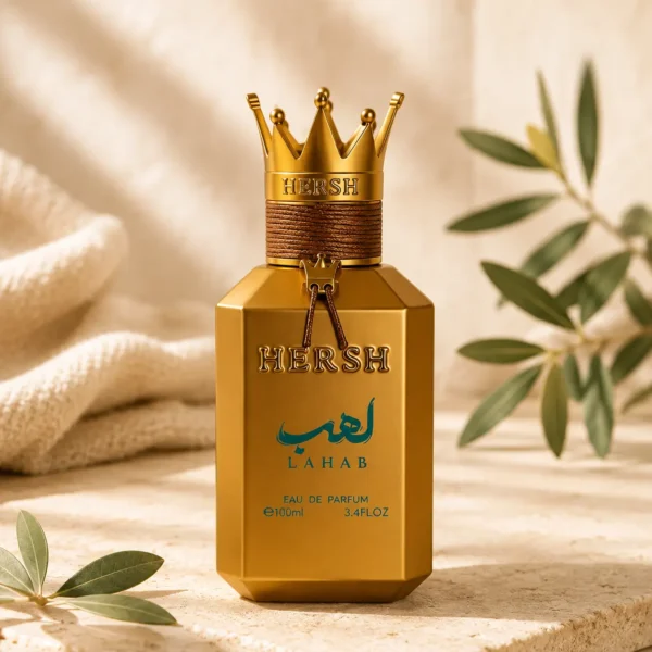 Hersh Lahab by Al Ezz Oud Eau de Parfum highlighting its crown-shaped cap and golden bottle design in a refined luxury setting