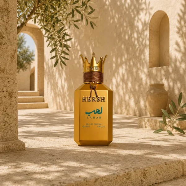 Hersh Lahab by Al Ezz Oud Eau de Parfum showcased in a sunlit Levant courtyard with limestone arches and olive tree shadows