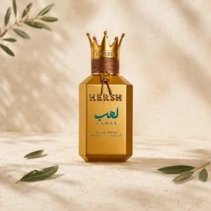 Hersh Lahab by Al Ezz Oud Eau de Parfum displayed on natural limestone with olive leaves in a refined Mediterranean luxury setting