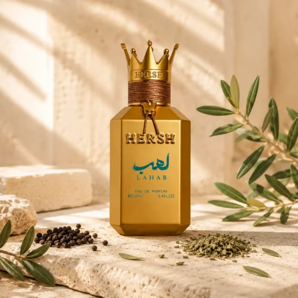 Hersh Lahab by Al Ezz Oud Eau de Parfum presented with black pepper, basil, and olive branches in an elegant Levant-inspired scene