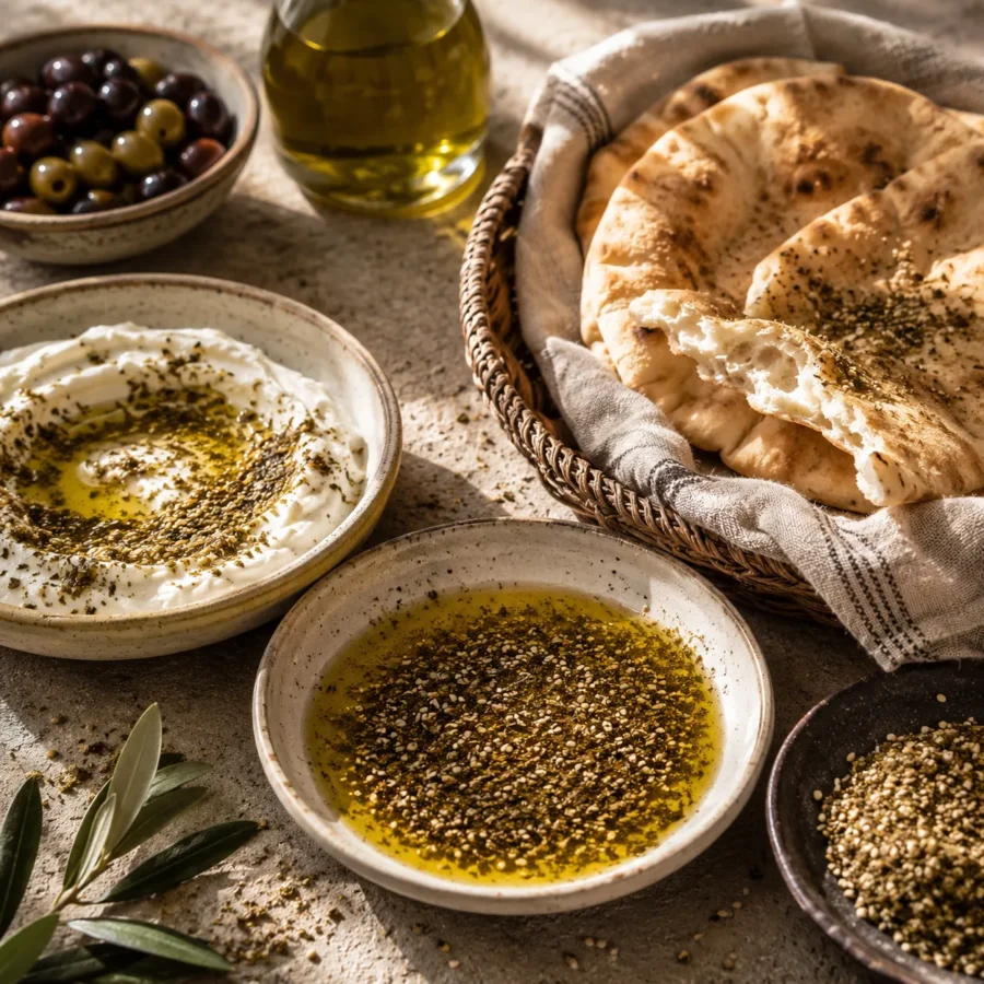 Traditional Jordanian zaatar served with olive oil, labneh, and fresh bread in an authentic Levantine breakfast setting