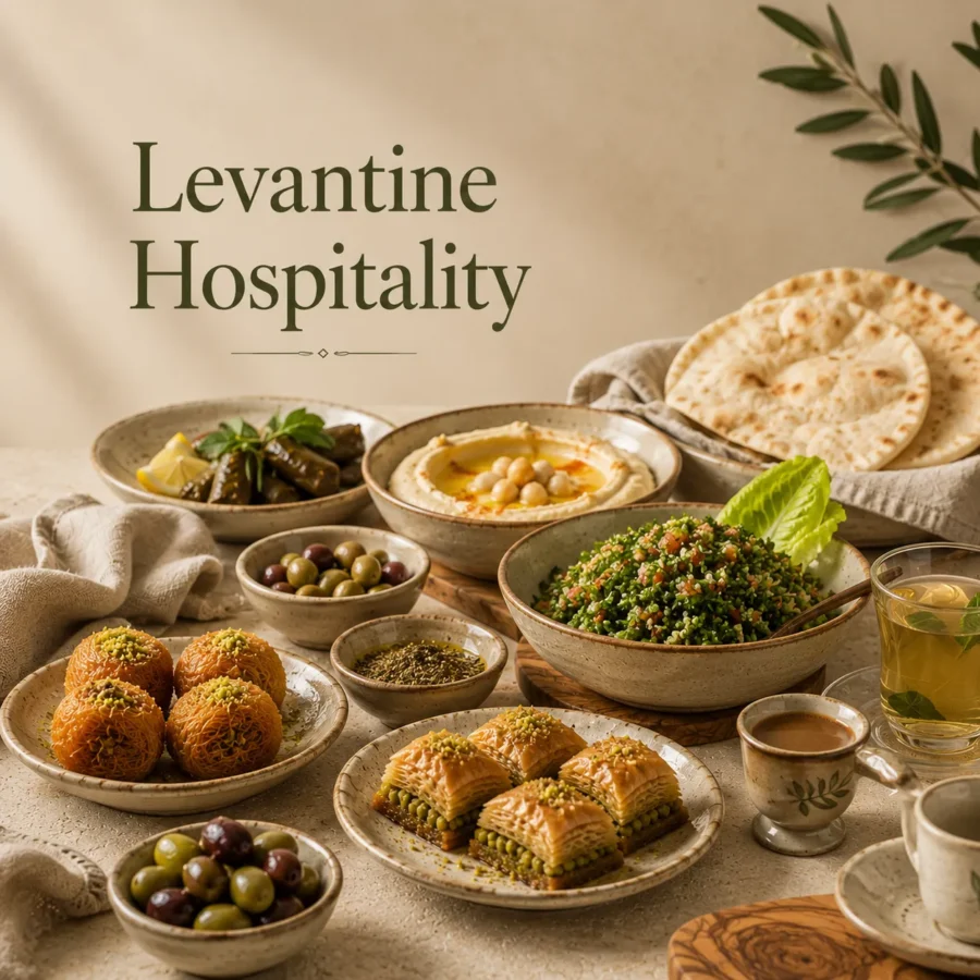 Levantine hospitality table with Arabic coffee, traditional sweets, flatbread, olives, and zaatar.