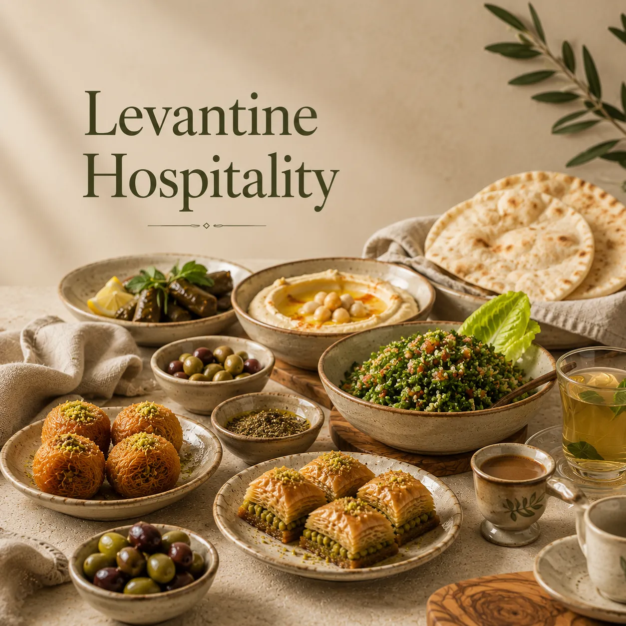 Levantine hospitality table with Arabic coffee, traditional sweets, flatbread, olives, and zaatar.