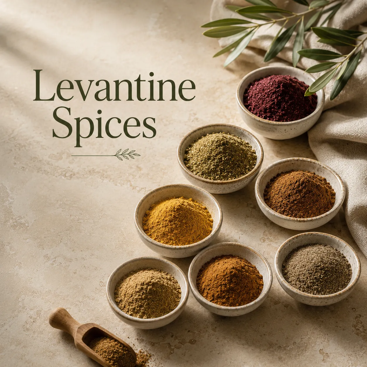 Premium editorial arrangement of traditional Levantine spices including sumac, zaatar, seven spice, cumin, coriander, cinnamon, and black pepper displayed in handcrafted ceramic bowls on a warm limestone surface.
