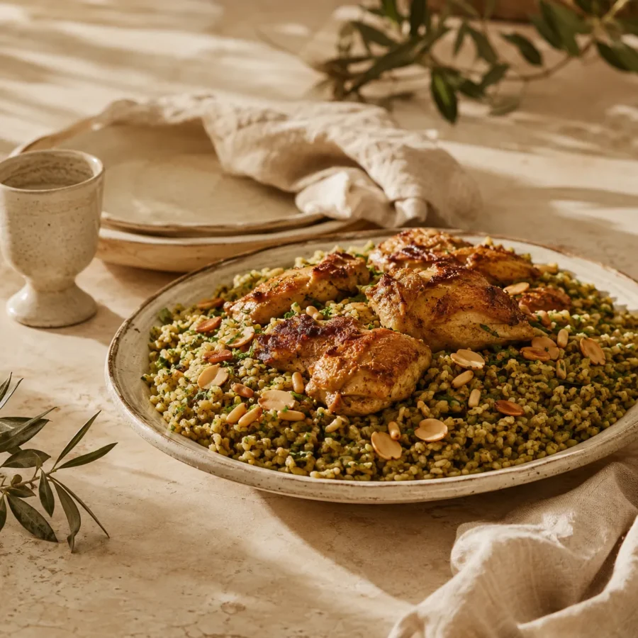 Traditional Levantine freekeh served with roasted chicken, toasted almonds, pine nuts, and fresh parsley on a handcrafted ceramic platter, styled on a warm limestone table in a refined editorial setting.