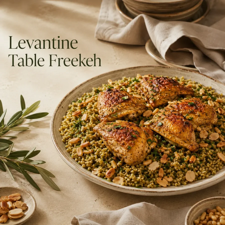 Featured editorial image for the article "Levantine Table Freekeh" showing authentic Levantine freekeh topped with roasted chicken, toasted almonds, pine nuts, and fresh parsley on a handcrafted ceramic platter in a refined heritage-inspired dining setting.