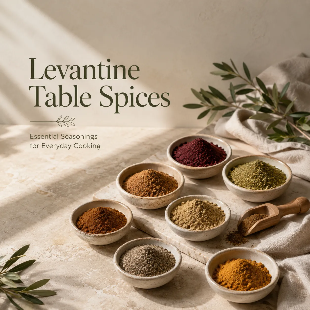 Premium editorial arrangement of traditional Levantine table spices including ground zaatar, sumac, seven spice, cumin, coriander, black pepper, and turmeric displayed in handcrafted ceramic bowls on a warm limestone surface.