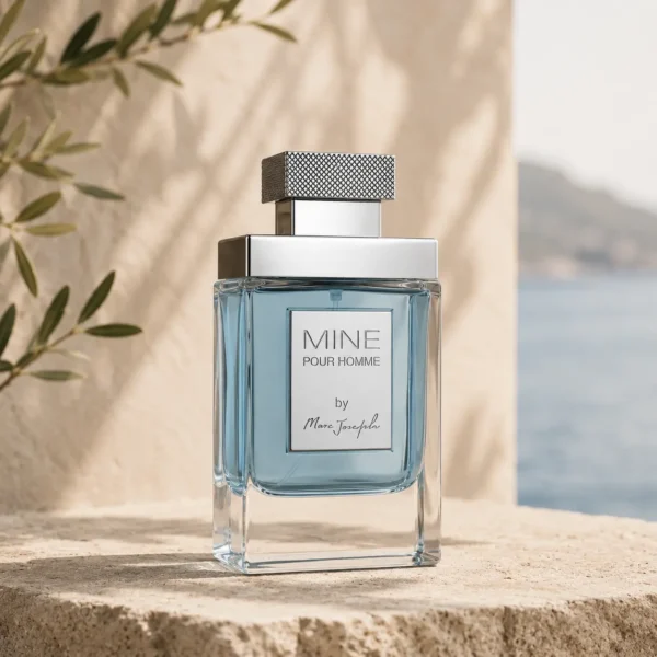 Mine Pour Homme Eau de Parfum by Marc Joseph Paris showcased on limestone by the Mediterranean coast with olive branches