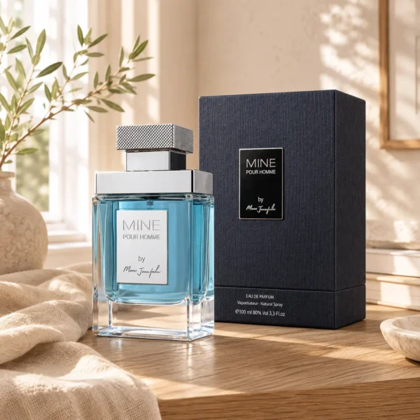 Mine Pour Homme by Marc Joseph Paris fragrance with presentation box in a warm sunlit interior inspired by natural luxury