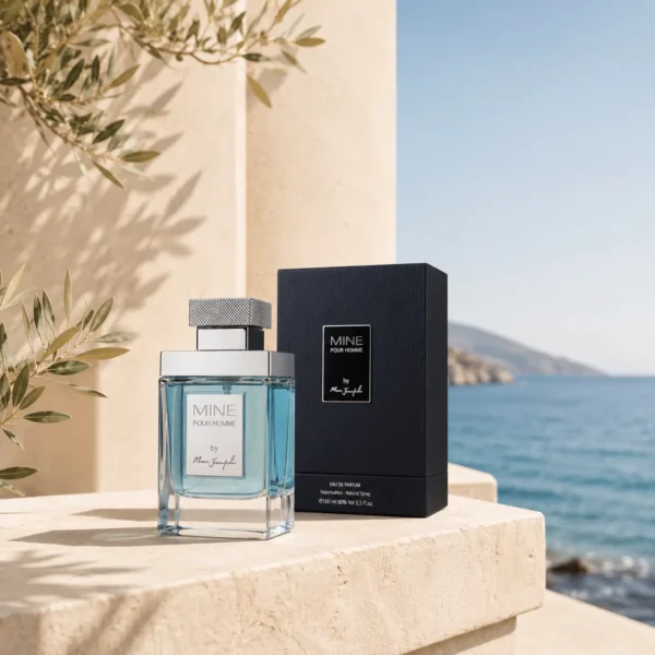Mine Pour Homme Eau de Parfum by Marc Joseph Paris displayed in a Mediterranean coastal setting with natural stone and sea views