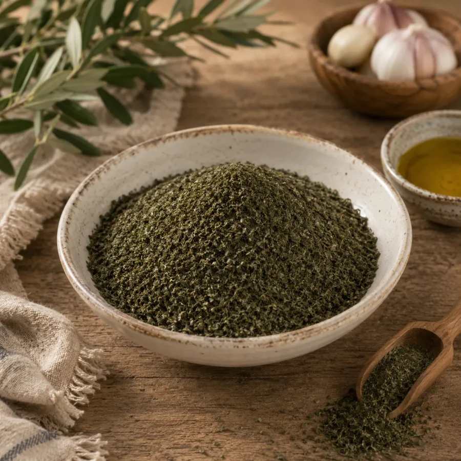 Fine dried molokhia in a rustic ceramic bowl with traditional Levantine pantry elements