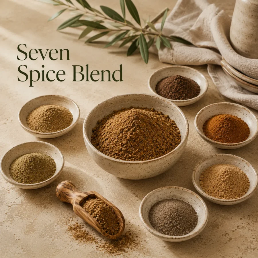 Featured editorial image for the article "Seven Spice Blend" showing authentic Levantine seven spice blend with finely ground cumin, coriander, cinnamon, black pepper, allspice, and nutmeg arranged in handcrafted ceramic bowls on a warm limestone surface.