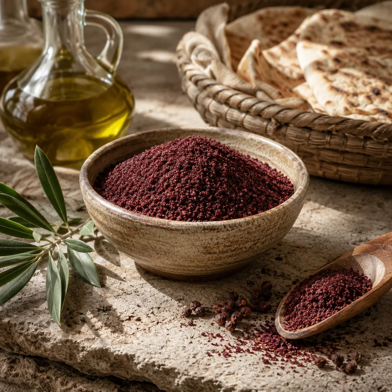 Deep red sumac spice in a rustic ceramic bowl with olive oil, flatbread, and olive branches in a traditional Levantine setting