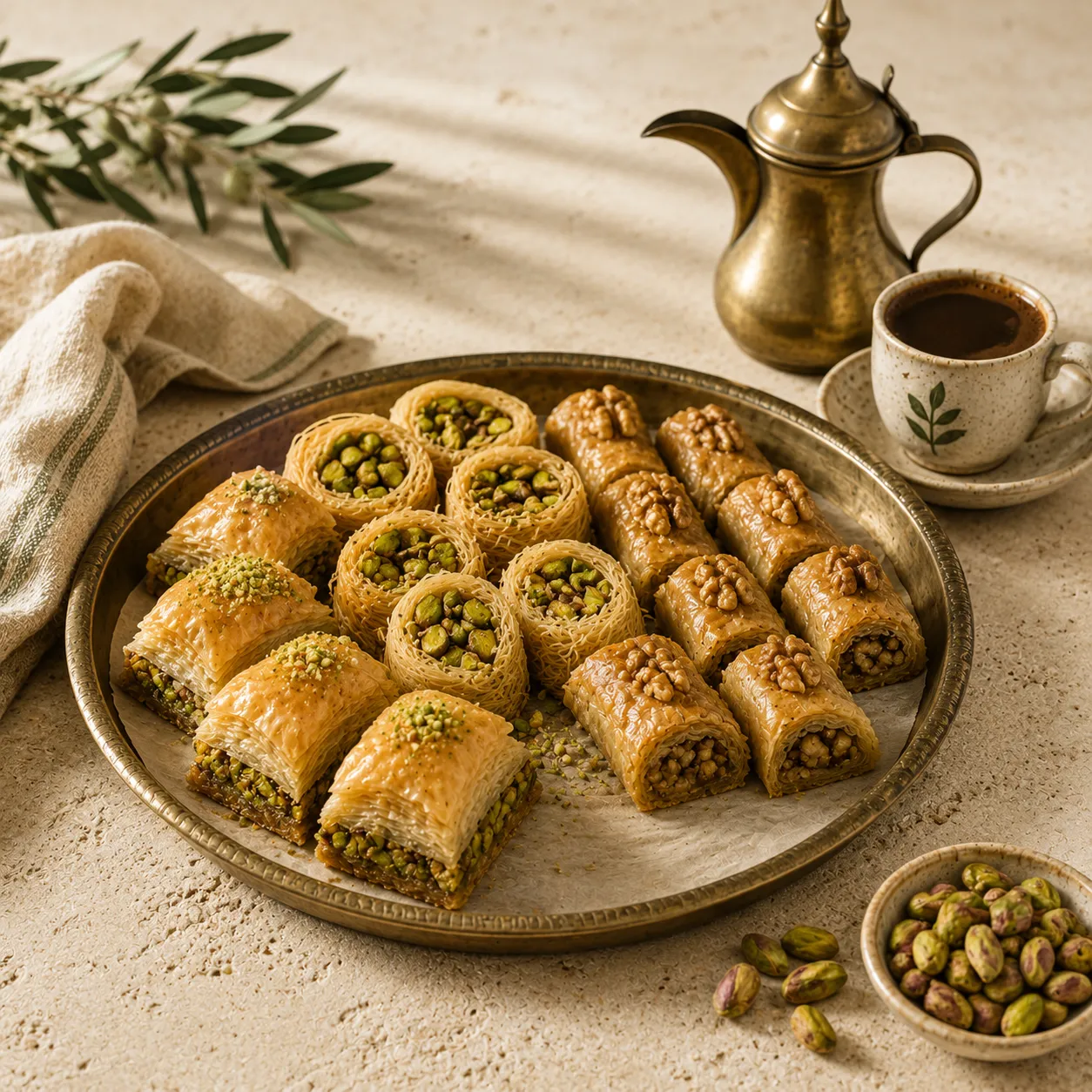 Assorted traditional Levantine sweets including baklava, pistachio ballorieh, and walnut pastries served with Arabic coffee in a warm editorial setting