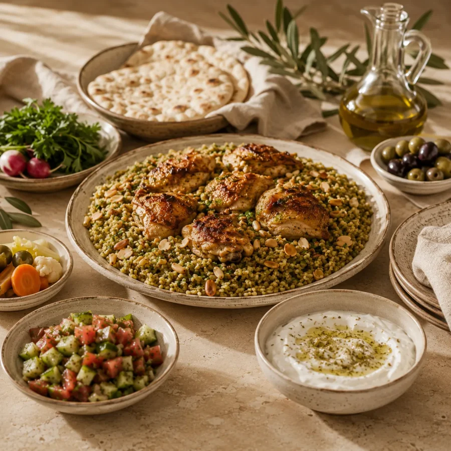 Traditional Levantine freekeh topped with roasted chicken, served with creamy yogurt, cucumber and tomato salad, pickled vegetables, warm flatbread, and extra virgin olive oil on a refined heritage-inspired family table.