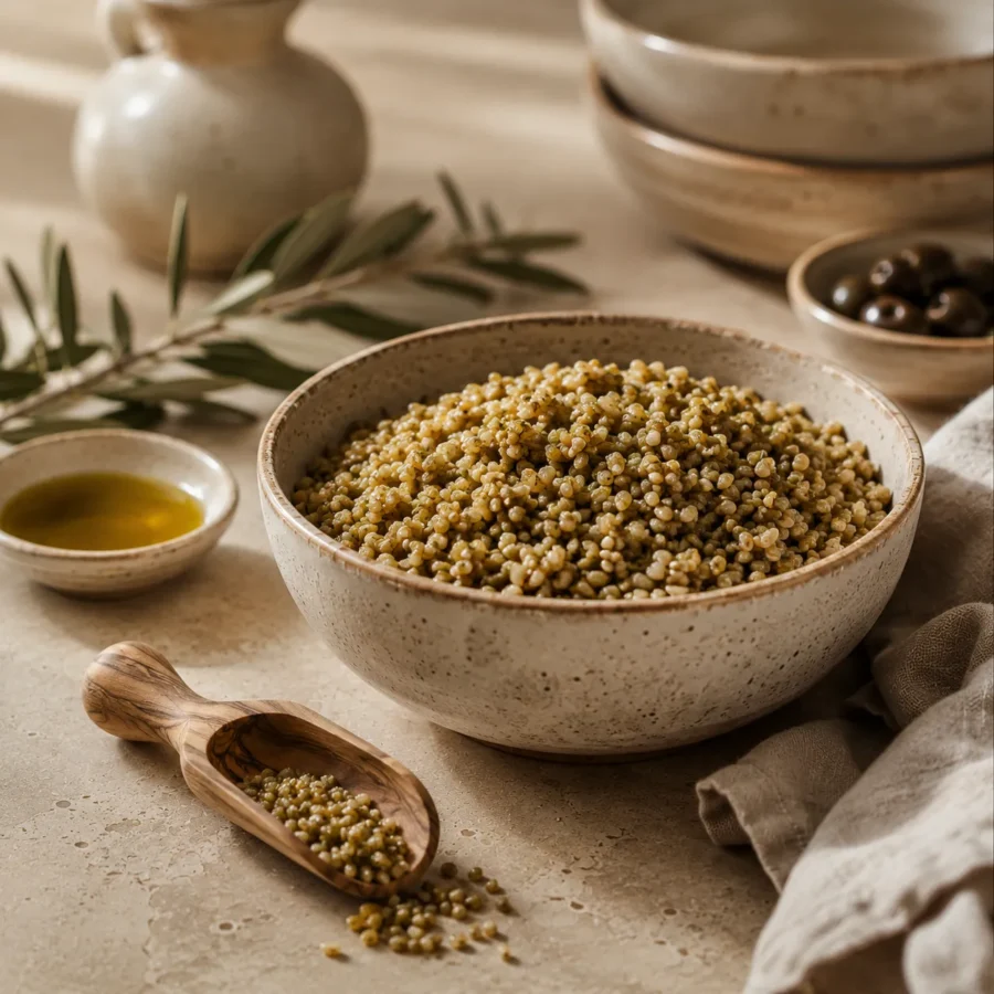 Authentic traditional Levantine freekeh in a handcrafted ceramic bowl on a warm limestone table with an olive wood scoop, extra virgin olive oil, natural linen, and subtle olive branches in a refined heritage-inspired editorial setting.