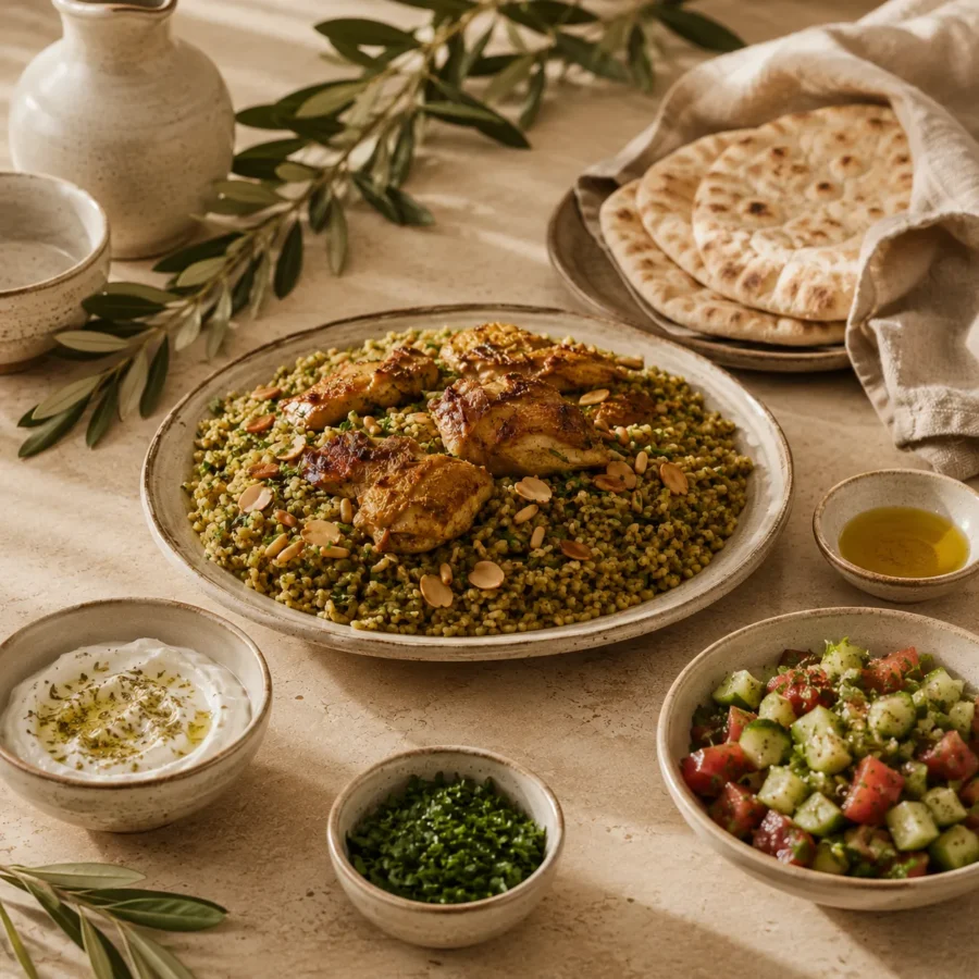 Traditional Levantine freekeh served with roasted chicken alongside yogurt, fresh parsley, cucumber and tomato salad, warm flatbread, and extra virgin olive oil on a refined heritage-inspired dining table.