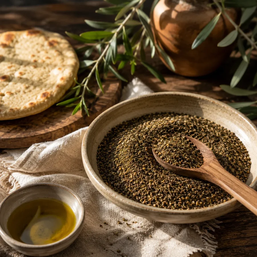 Traditional Jordanian zaatar blend in a handcrafted ceramic bowl with olive oil, flatbread, and olive branches in a warm Levantine breakfast setting