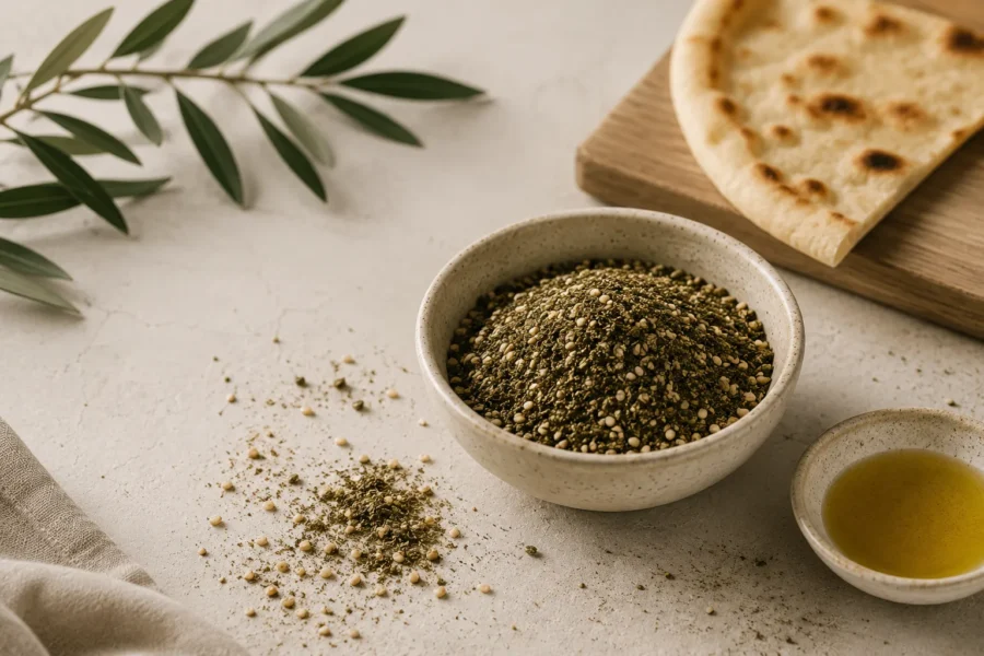 Traditional Jordanian Zaatar with olive oil and flatbread in a rustic Levantine setting