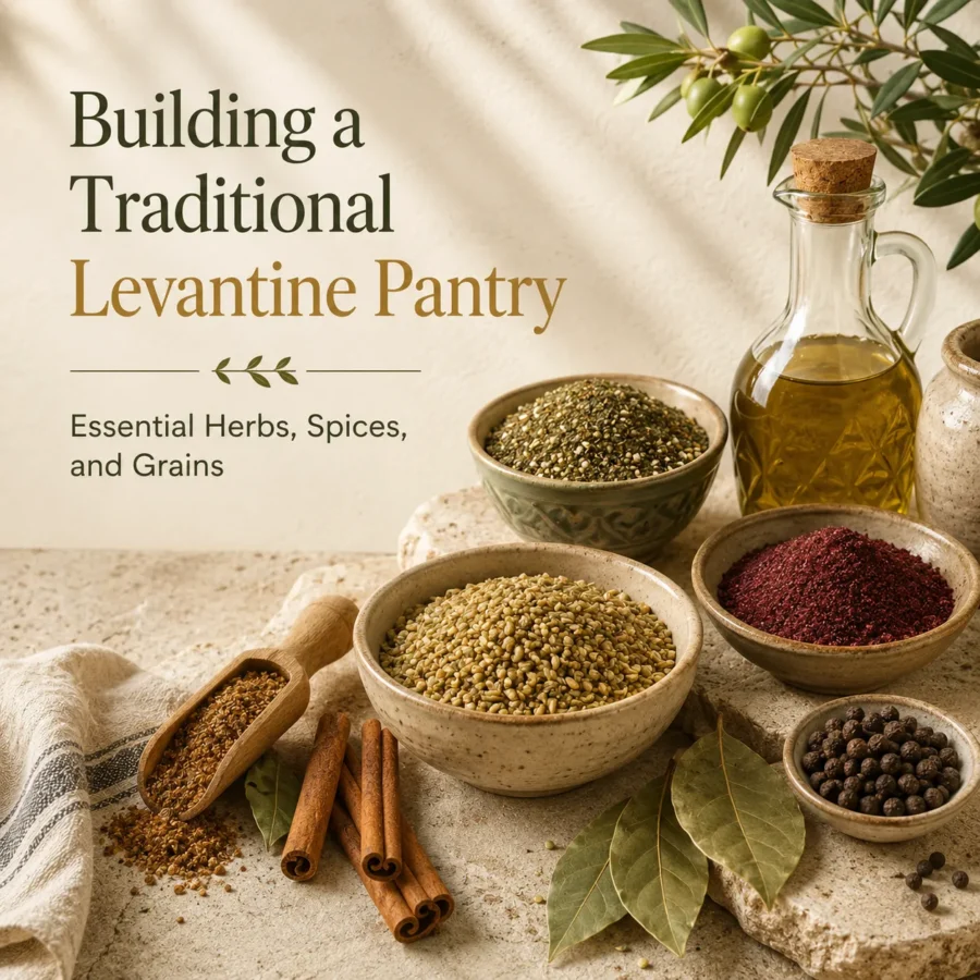 Traditional Levantine pantry ingredients including freekeh, zaatar, sumac, bay leaves, olive oil, and seven spice arranged on a natural stone surface in warm daylight
