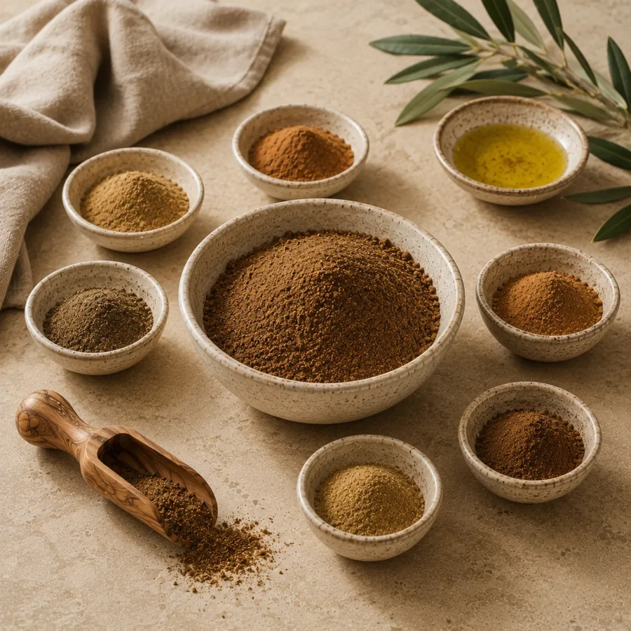 Authentic Levantine seven spice blend in a handcrafted ceramic bowl surrounded by finely ground cumin, coriander, cinnamon, black pepper, allspice, nutmeg, and cloves with an olive wood scoop and olive oil in a refined heritage-inspired editorial setting.