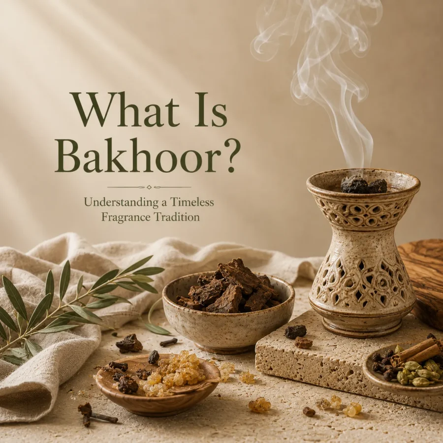 Traditional bakhoor incense with aromatic smoke arranged in a warm Levantine fragrance ritual setting.