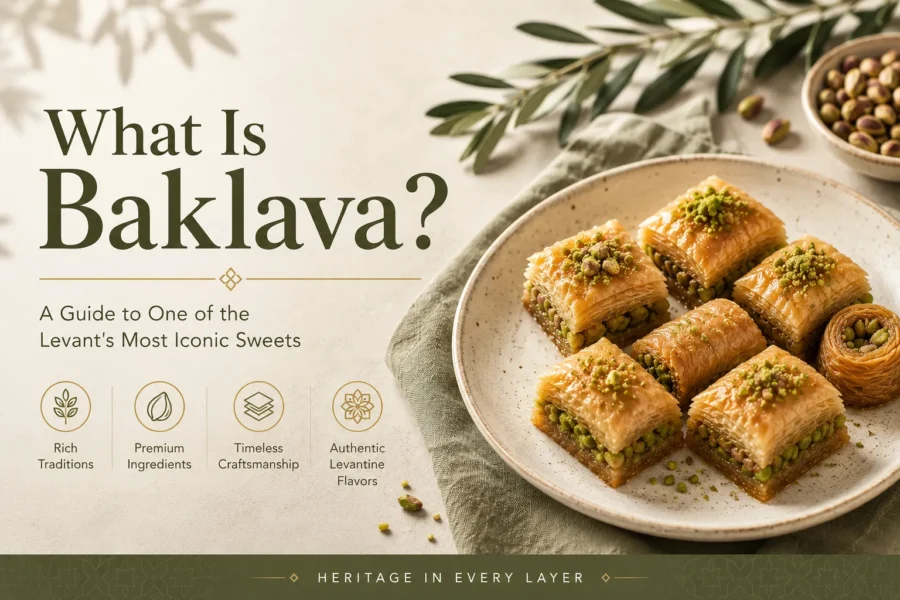 Traditional pistachio and walnut baklava arranged on a ceramic plate with Arabic coffee in a warm Levantine editorial setting