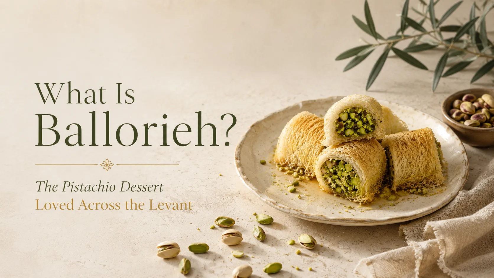 Traditional Levantine ballorieh with pistachio filling on a ceramic plate