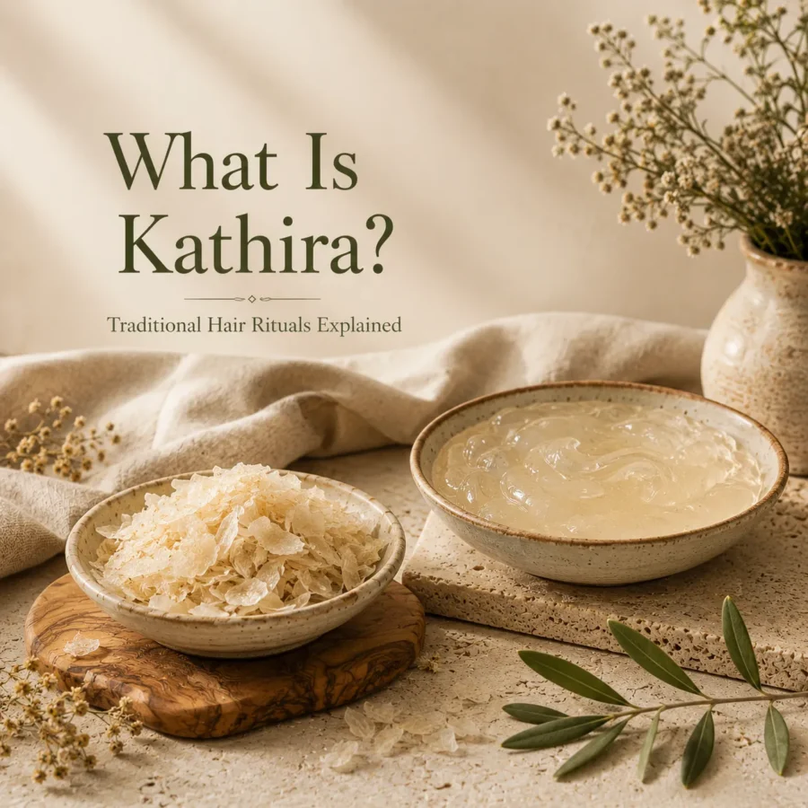 Kathira flakes and traditional kathira gel arranged in a minimalist Levantine hair ritual setting.