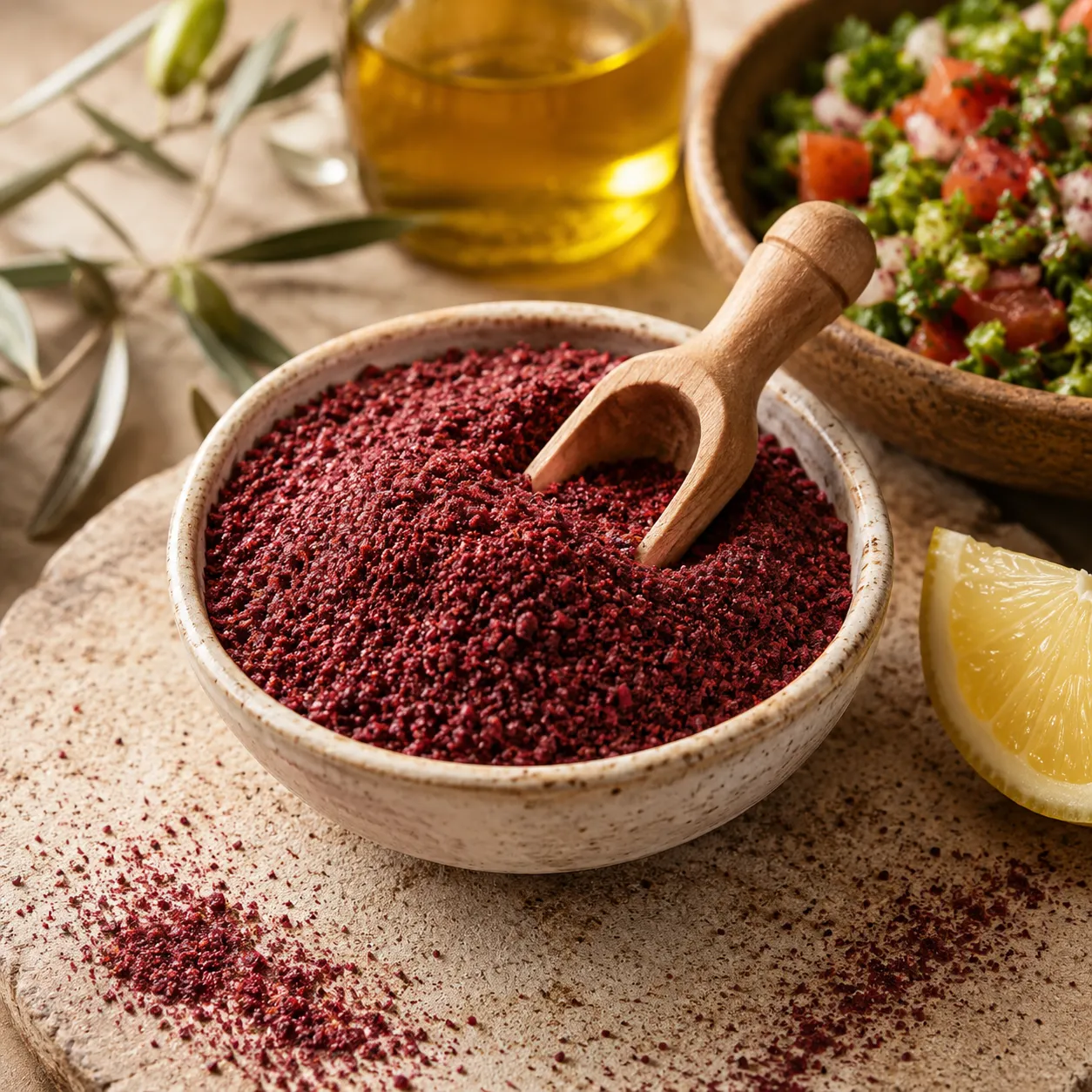 Authentic Jordanian sumac in a ceramic bowl with olive oil and traditional Levantine ingredients